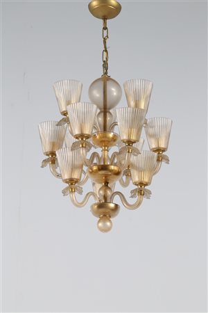 BAROVIER ERCOLE (1889 - 1974) Lampadario in vetro di murano foglia oro, prod....