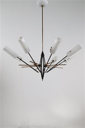 STILNOVO Lampadario in ottone, metallo laccato con vetro opalino ad otto...