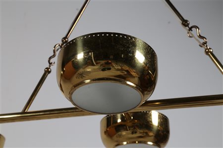 STILNOVO Lampada a sospensione in ottone e vetro opalino sabbiato, 1957 ....