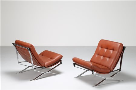 PARISI ICO (1916 - 1996) Coppia Poltrone con struttura in acciaio cromato,...