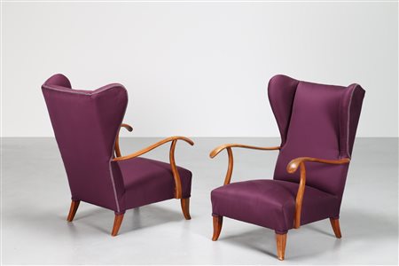 BUFFA PAOLO (1903 - 1970) Coppia poltrone in legno di faggio e tessuto, 1950....