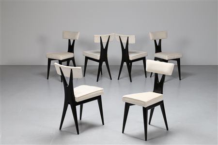 VIGORELLI GIANNI Attrib. Sei sedie in legno laccato nero e seduta imbottita,...