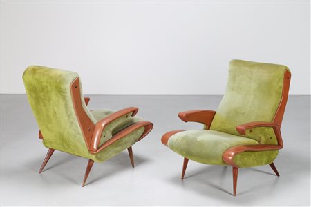 MANIFATTURA ITALIANA Coppia poltrone velluto e sky, 1950. Tessuto, skai e...