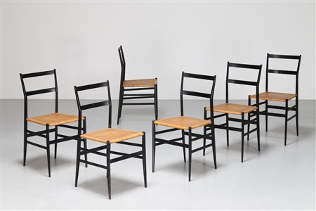 PONTI GIO' (1891 - 1979) Sei sedie Superleggera in frassino laccato seduta in...