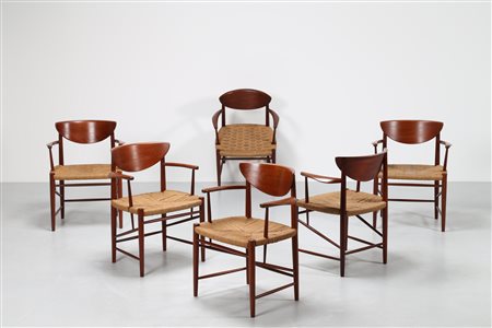 PETER HVIDT E ORLA MØLGAARD-NIELSEN Sei Poltroncine in teak e paglia, model...