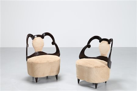 MANIFATTURA ITALIANA Coppia poltroncine in legno ebanizzato e velluto per...