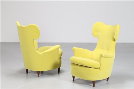 M.I.D.A. Coppia poltrone in legno velluto, mod. 37, produzione M.I.D.A....