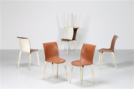 ZANUSO MARCO (1916 - 2001) Sei sedie in metallo laccato bianco e cuoio...
