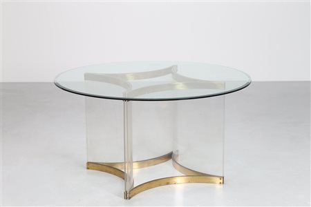 ALBRIZZI ALESSANDRO Tavolo in plexiglass e ottone con piano in vetro, 1970....