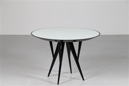 VIGORELLI GIANNI Attrib. Tavolo tondo laccato nero con piano in vetro bianco...