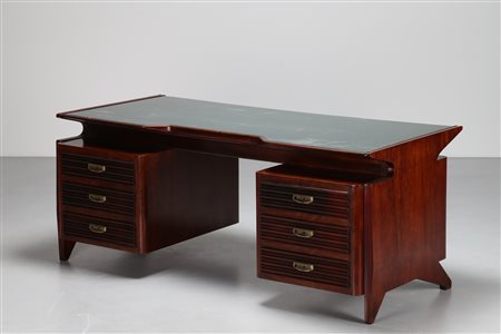 ANGELI, OLIVIERI, DE CARLI Imponente scrivania in palissandro ottone e vetro,...