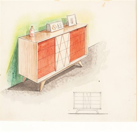 VINICIO PALADINI Mosca 1902 - Roma 1971 BOZZETTO DI MOBILI E ARREDAMENTO...