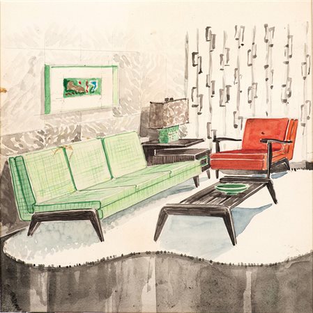 VINICIO PALADINI Mosca 1902 - Roma 1971 BOZZETTO DI MOBILI E ARREDAMENTO...