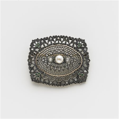 Spilla in oro giallo/rossastro 585/1000 e argento, con diamanti taglio mezza...