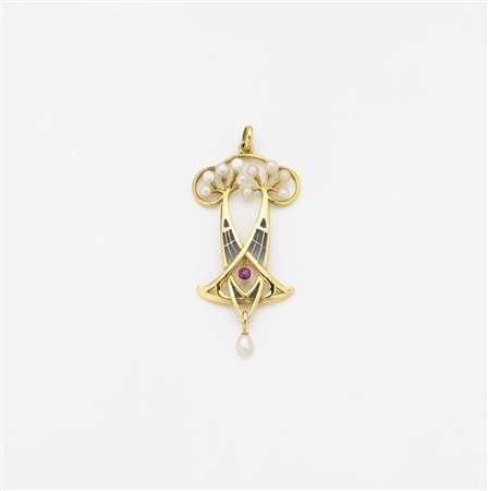 Pendente in stile liberty con smalti, perle e pasta vitrea fucsia g. 8,70...