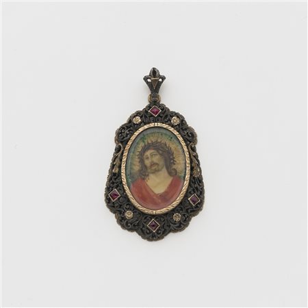 Pendente in oro e argento, rubini sintetici, immagine sacra, g.10,40...