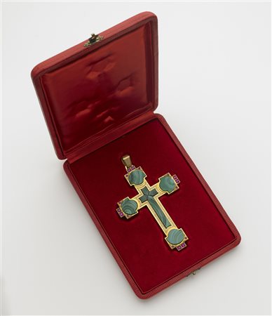 Croce/pendente in oro giallo con dettagli in malachite e rubini sintetici h...