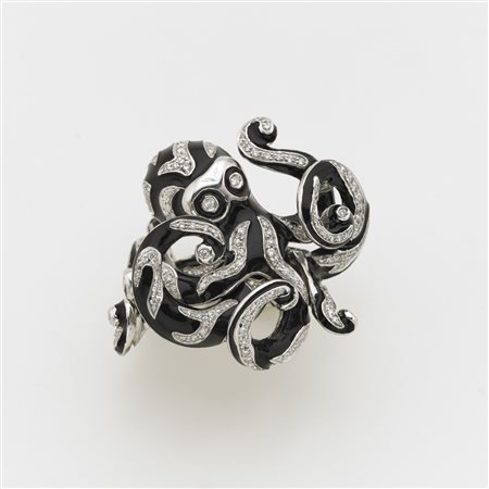LEGNAZZI Anello in oro bianco a guisa di polipo con smalto nero e diamanti g....