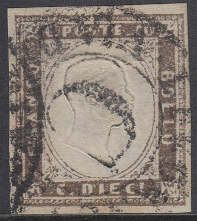 [SARDEGNA] 1859 10c. bruno violaceo, annullato con bollo toscano a due cerchi...