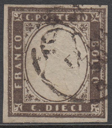[SARDEGNA ] 1860 10c. bruno nerastro. Cert. S. Sorani. Used..........(Sass.14Bb)