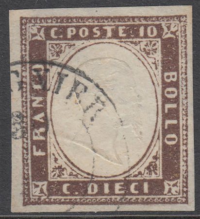 [SARDEGNA] 1858 10c. bruno porpora, annullato Reigner/D. Cert. S. Sorani....