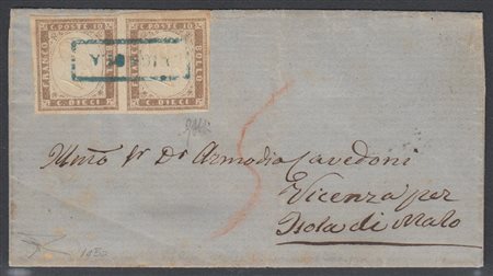[SARDEGNA] 1860 Busta affrancata con coppia del 10c. bruno lillaceo,...