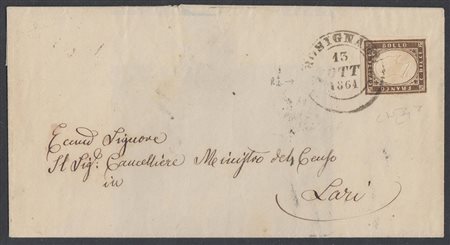 [SARDEGNA] 1861 (13 ott. ) Lettera affrancata con 10c. bruno cioccolato...
