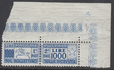 [REPUBBLICA] 1954 Pacchi postali, 1000 lire filigrana ruota, "Cavallino",...
