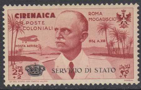 [CIRENAICA] 1934 Servizio aereo, "Coroncina" 25+2 lire carminio. Da...