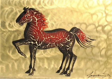 Vernis lastra di metallo dipinto raffigurante cavallo.
