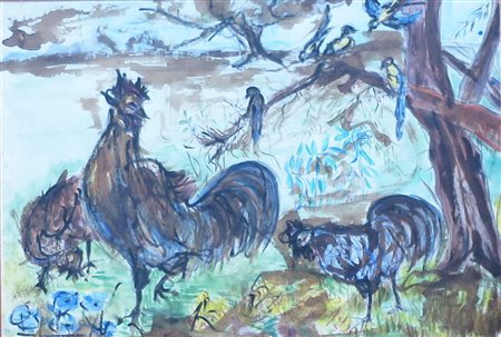 Canelli Domenico cm 65x50 acquarello su carta raff. "lotta di galli"