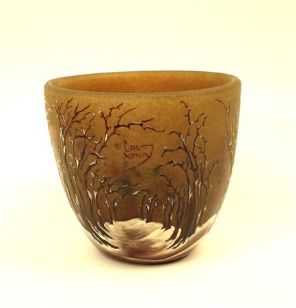 Vaso cachepot vetro cammeo inciso a rilievo "bosco innevato". Daum Nancy...