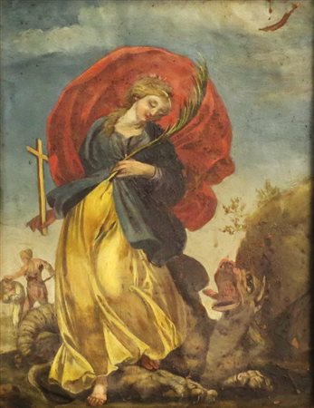 Dipinto tratto ad olio su rame cm 16,5x21 raff. "figura di santa con drago"...