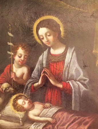Dipinto tratto ad olio su rame cm 18x23 faff. "Madonna con bambino e San...