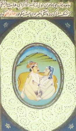 Dipinto su pergamena cm 9x16 raff. "scena erotica" Oriente XIX sec.