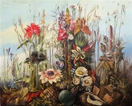 Dipinto tratto ad olio su tela cm 99,5x80,5 raff. "campo di fiori" firmato in...