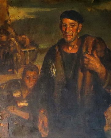 Dipinto olio su tela cm 61,8x51,2 raffigurante "padre e figlio"