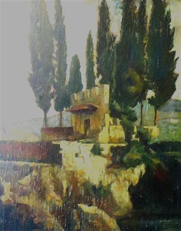 Dipinto olio su tela cm.46x58raffigurante "cipressi"