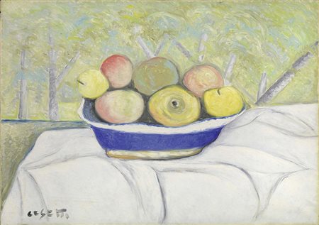 Giuseppe Cesetti, Tuscania (Vt) 1902 - 1991, Natura morta su paesaggio, 1972,...