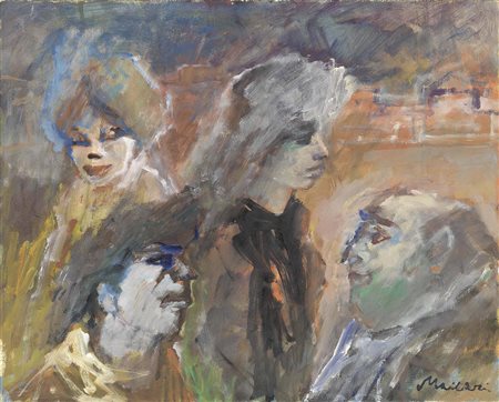 Mino Maccari, Siena 1898 - Roma 1989, Figure, Olio su compensato, cm. 50x62,...