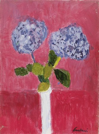 Enrico Paulucci, Genova 1901 - Torino 1999, Ortensie, fondo rosso, Olio su...