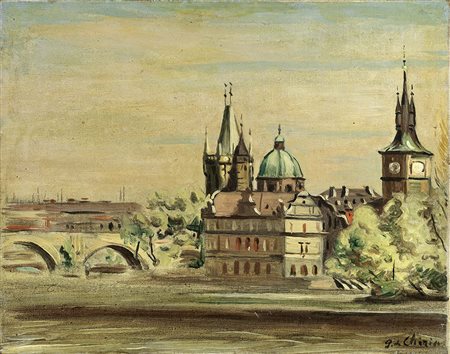 Giorgio de Chirico, Volos 1888 - Roma 1978, Veduta di Praga con ponte sulla...