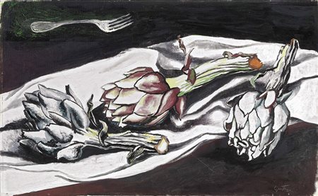 Renato Guttuso, Bagheria (Pa) 1912 - Roma 1987, Carciofi, 1966, Olio su tela,...