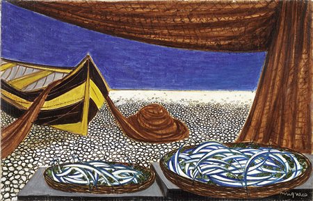 Giuseppe Migneco, Messina 1908 - Milano 1997, Barca sulla spiaggia, Olio su...