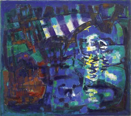 Renato Birolli, Verona 1905 - Milano 1959, La luna nella roggia, 1955, Olio...