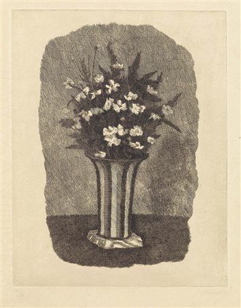 Giorgio Morandi, Bologna 1890 - 1964, Gelsomini in un vaso a strisce,...
