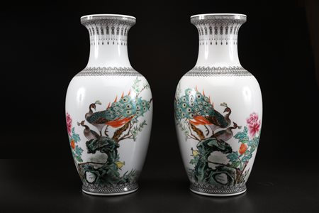 Arte Cinese Coppia di vasi in porcellana bianca dipinta con pavoni tra...