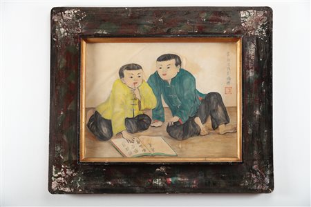 Arte Cinese Dipinto raffigurante due bambini che leggono un libro Vietnam, XX...