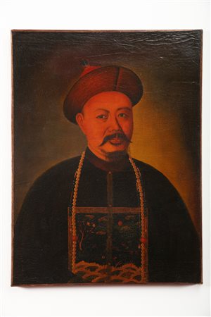 Arte Cinese Ritratto di un mercante hong con indosso un cappello tipicamente...