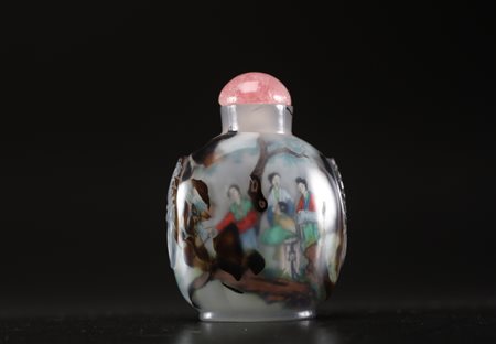 Arte Cinese Tabacchiera in agata con decorazione dipinta e tappo in quarzo...